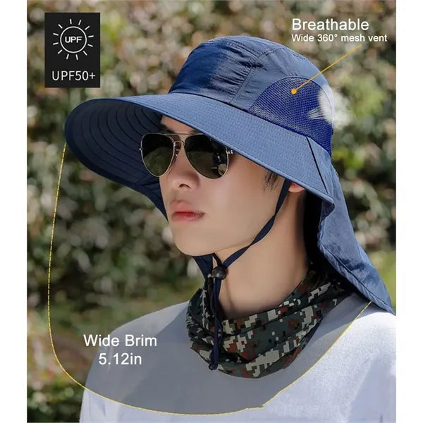 Extra wide brim bucket hat with neck flap