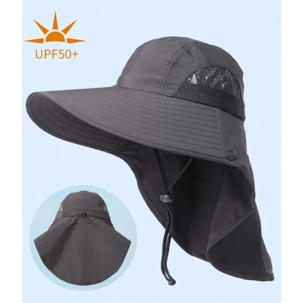 Extra wide brim bucket hat with neck flap