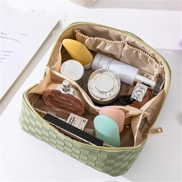 PU Plaid Makeup Bag Waterproof Green Pink