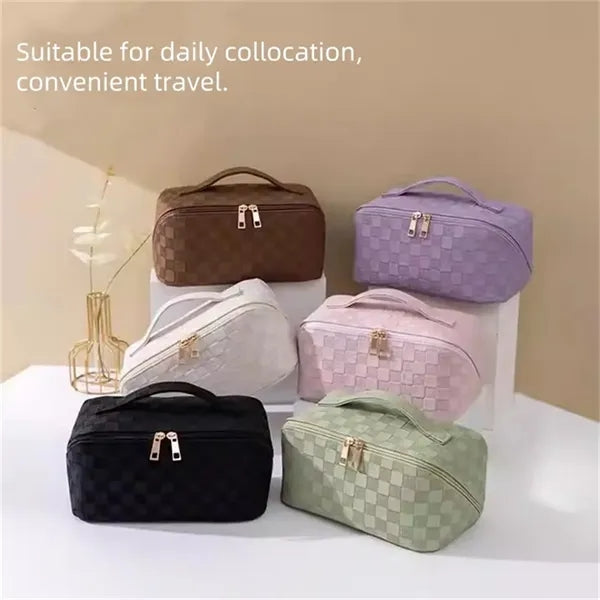 PU Plaid Makeup Bag Waterproof Green Pink