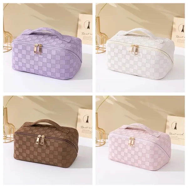 PU Plaid Makeup Bag Waterproof Green Pink