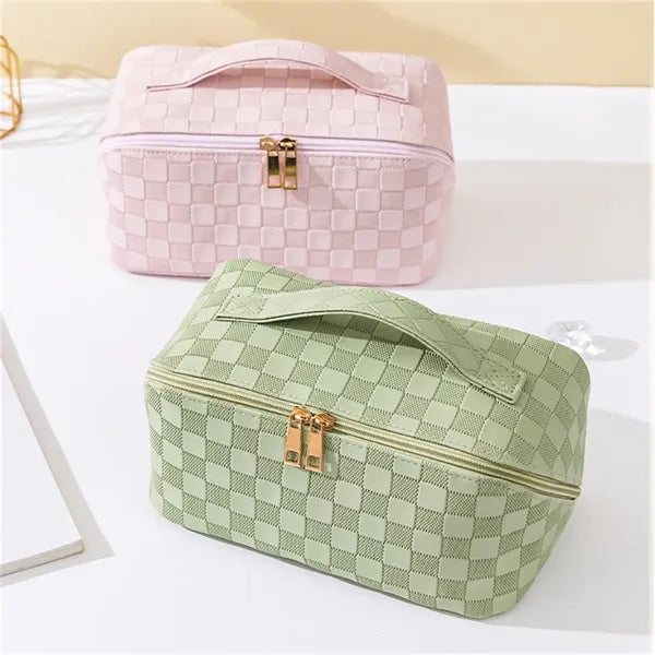 PU Plaid Makeup Bag Waterproof Green Pink