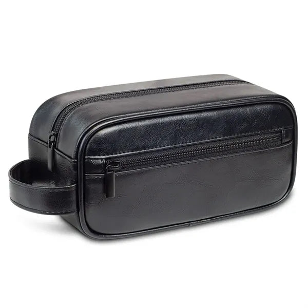 Black PU Leather Zipped Travel Toiletry Bag Mens