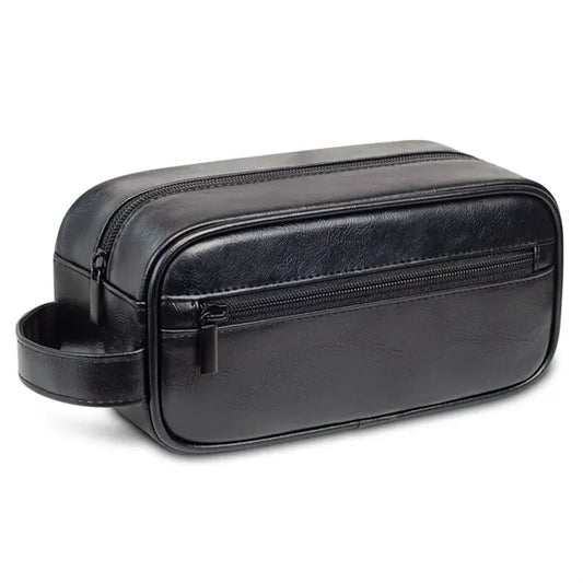 Black PU Leather Zipped Travel Toiletry Bag Mens