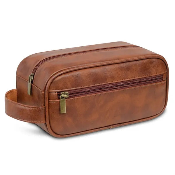 Black PU Leather Zipped Travel Toiletry Bag Mens