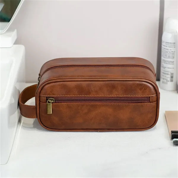 Black PU Leather Zipped Travel Toiletry Bag Mens