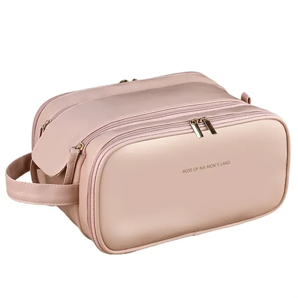 Pink PU Leather Travel Makeup Bag for Women with Hnadle