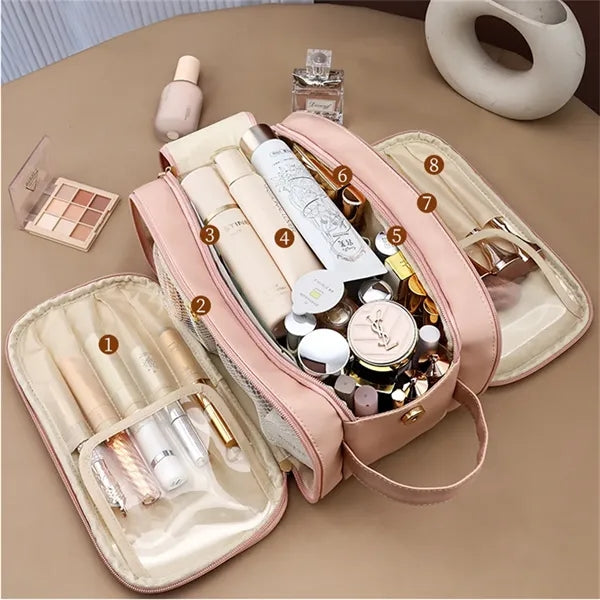 Pink PU Leather Travel Makeup Bag for Women with Hnadle