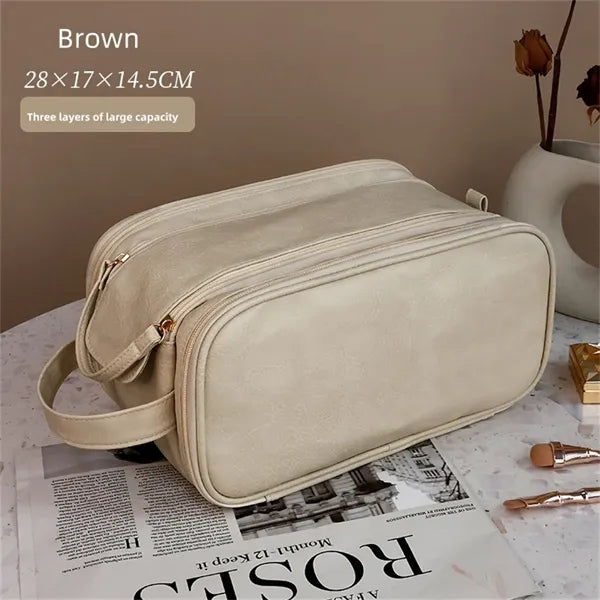 Pink PU Leather Travel Makeup Bag for Women with Hnadle