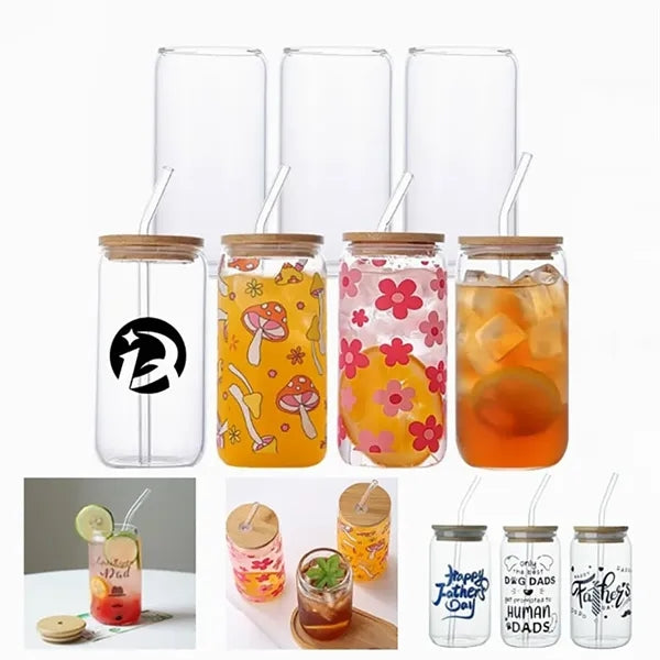 12 oz. Can Shaped Glass Cup w/ Bamboo Lid & Straw