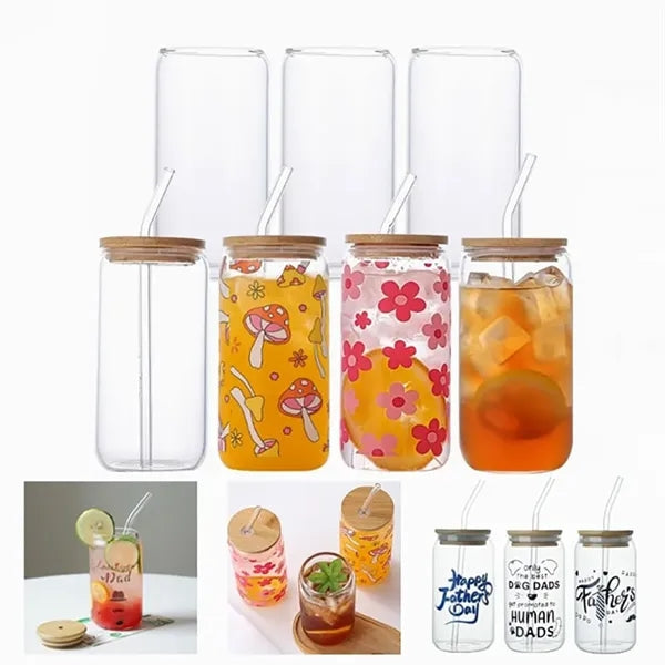 12 oz. Can Shaped Glass Cup w/ Bamboo Lid & Straw