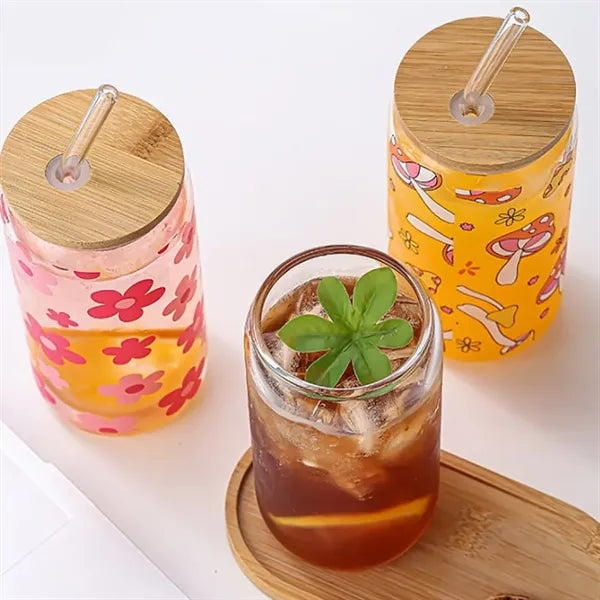 12 oz. Can Shaped Glass Cup w/ Bamboo Lid & Straw
