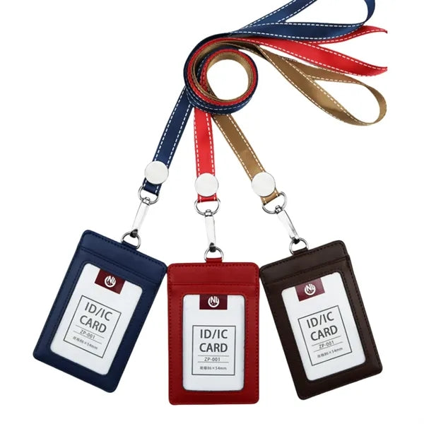 Vertical PU Leather ID Badge Holder w/ Neck Lanyard Strap