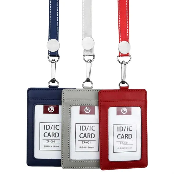 Vertical PU Leather ID Badge Holder w/ Neck Lanyard Strap