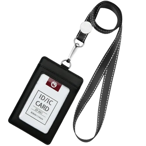 Vertical PU Leather ID Badge Holder w/ Neck Lanyard Strap