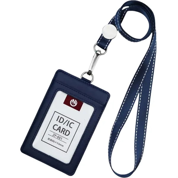 Vertical PU Leather ID Badge Holder w/ Neck Lanyard Strap
