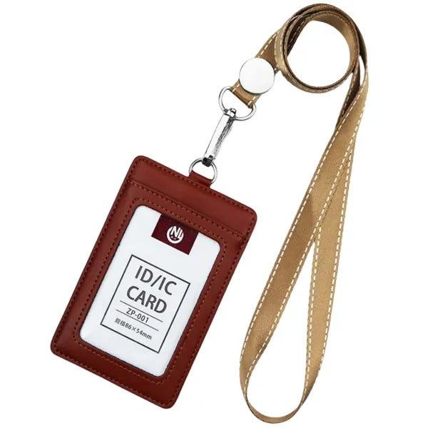 Vertical PU Leather ID Badge Holder w/ Neck Lanyard Strap