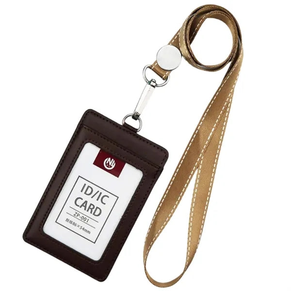 Vertical PU Leather ID Badge Holder w/ Neck Lanyard Strap