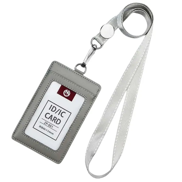 Vertical PU Leather ID Badge Holder w/ Neck Lanyard Strap