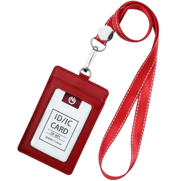 Vertical PU Leather ID Badge Holder w/ Neck Lanyard Strap