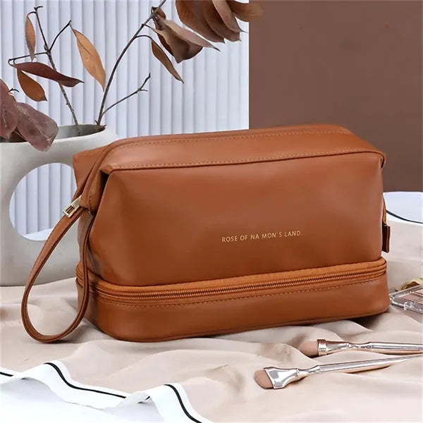 Leather Cosmetic Bag for Women Double Layer Makeup