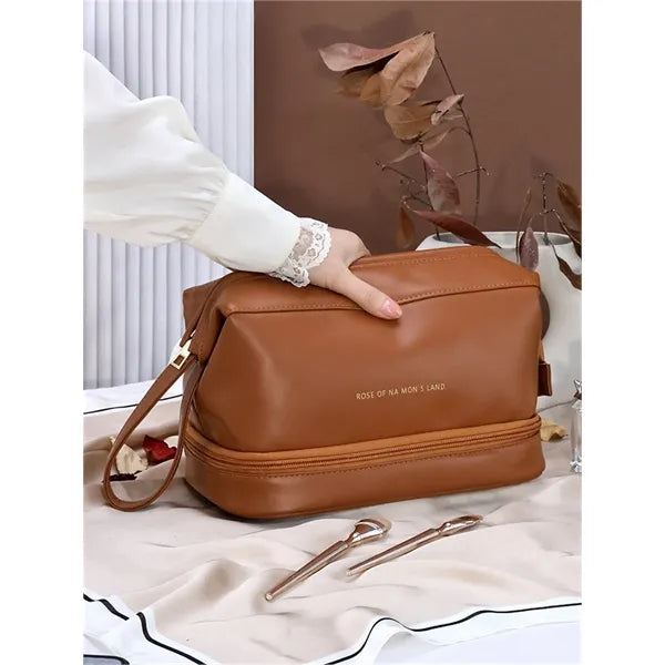 Leather Cosmetic Bag for Women Double Layer Makeup