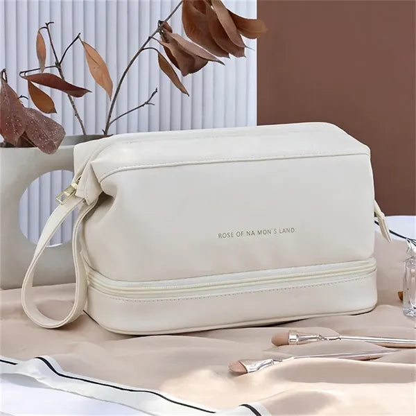 Leather Cosmetic Bag for Women Double Layer Makeup