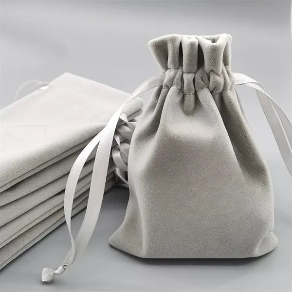 Elegant Gray Velvet Drawstring Pouch for Jewelry & Cosmetics