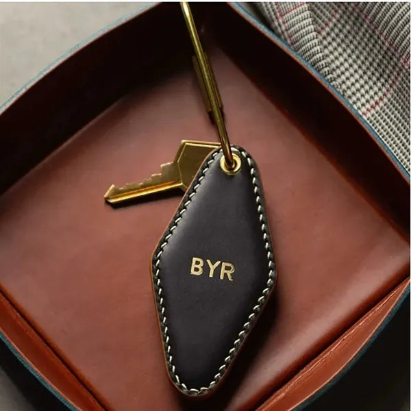 Vintage Leather Hotel Key with Brass Oval Ring