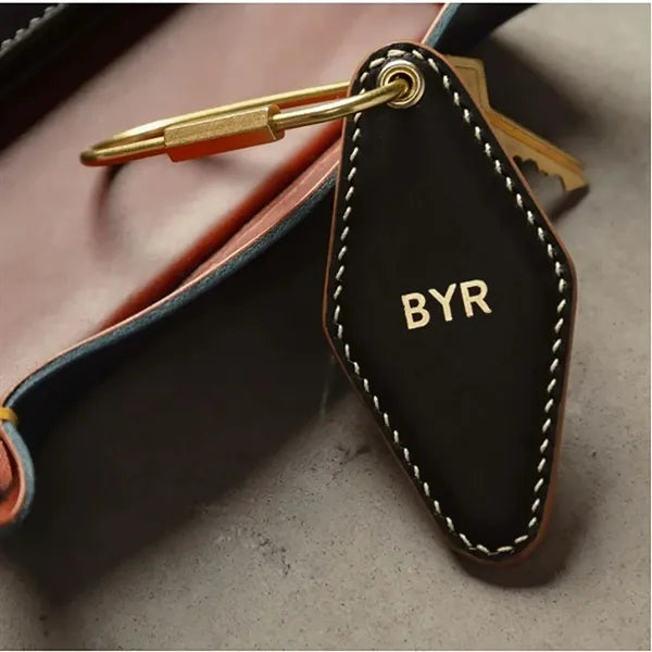 Vintage Leather Hotel Key with Brass Oval Ring