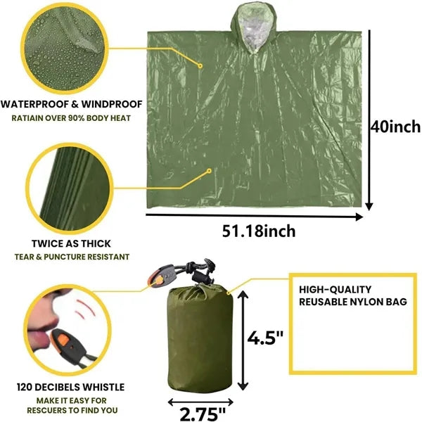 Waterproof Emergency Survival Rain Poncho with Whistle