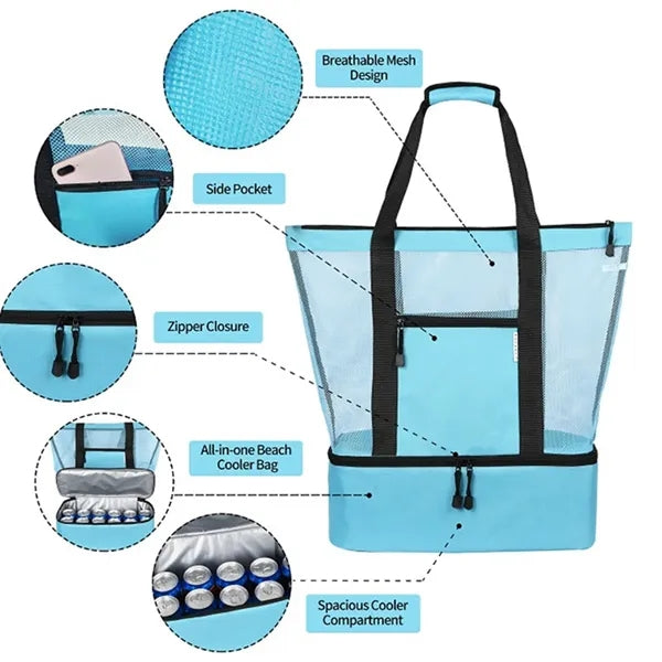 3-in-1 Mesh Beach Tote Bag with Cooler Compartment Insulated