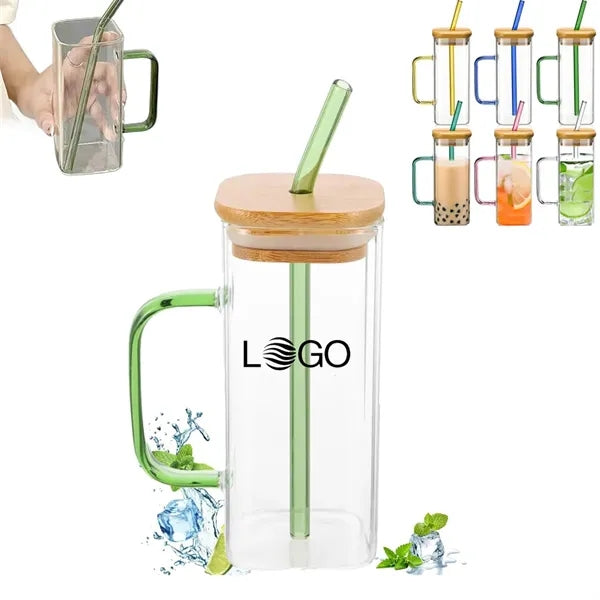 13oz Transparent Square Drinking Glass Tumbler with Handle