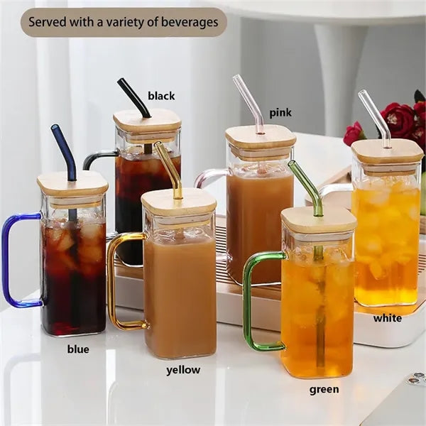 13oz Transparent Square Drinking Glass Tumbler with Handle