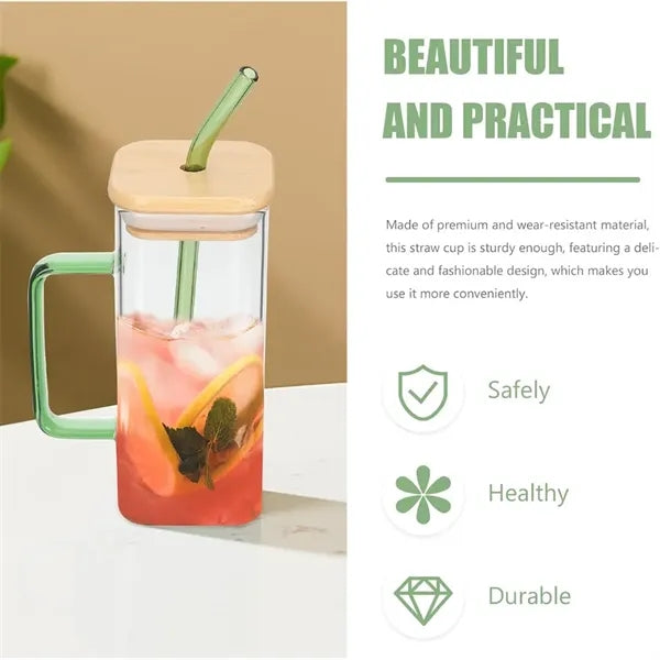 13oz Transparent Square Drinking Glass Tumbler with Handle