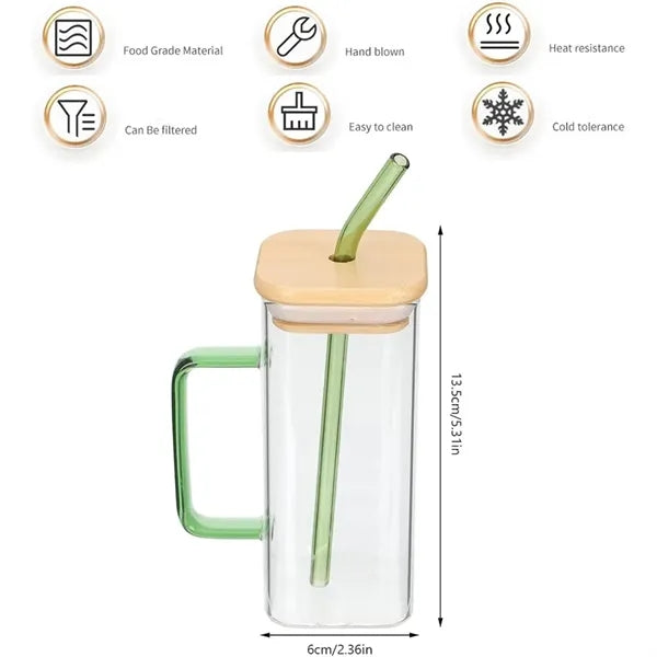 13oz Transparent Square Drinking Glass Tumbler with Handle