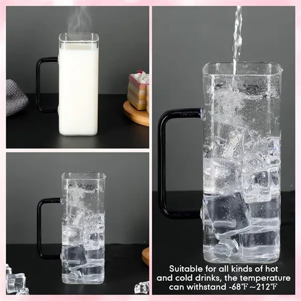 13oz Transparent Square Drinking Glass Tumbler with Handle