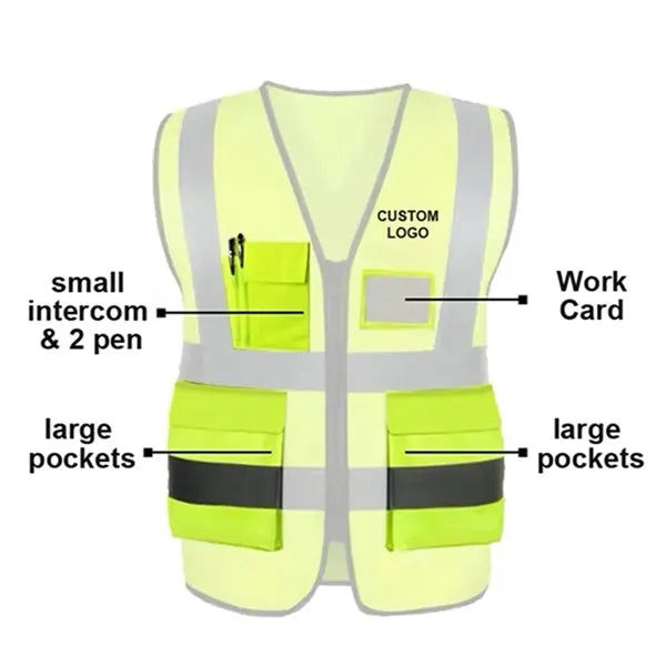 Reflective Safety Vest w/ 5 Pockets & Zipper