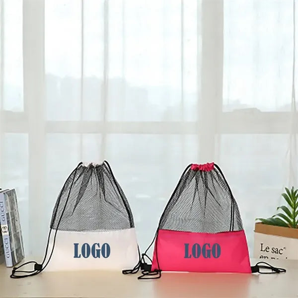 Drawstring Mesh Spliced Polyester Fabric Bag