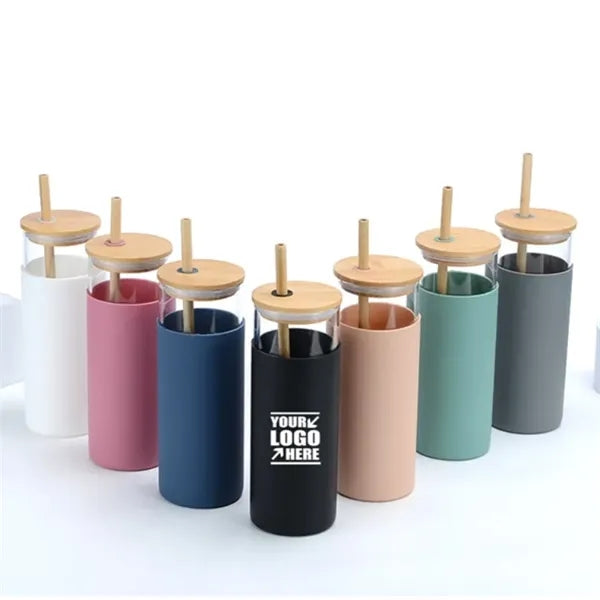 Logo 17oz glass tumbler with sleeve straw