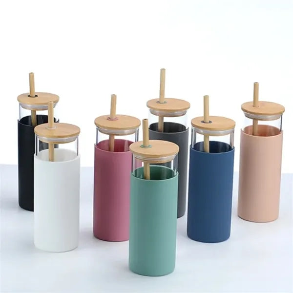 Logo 17oz glass tumbler with sleeve straw