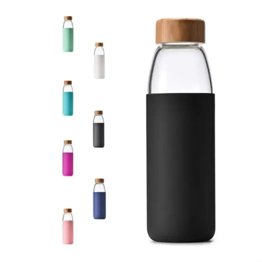 18oz Glass Water Bottle with Bamboo Lid and Silicone Sleeve