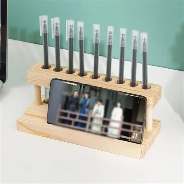 Wooden Desktop Pen Holder With Phone Stand Slot Organizer