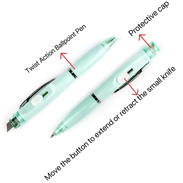 2 In 1 Twist Action Ballpoint Pen & Retractable Box Cutter