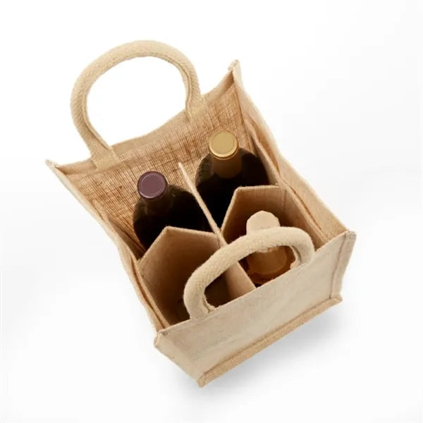 Eco-Friendly Jute Bag with Solid Front for 4 Bottles