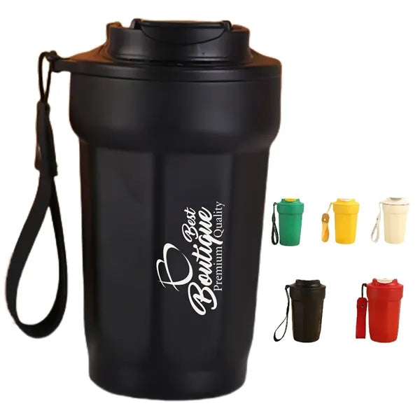 Insulated Travel Coffee Mug With Carrying Handle Strap