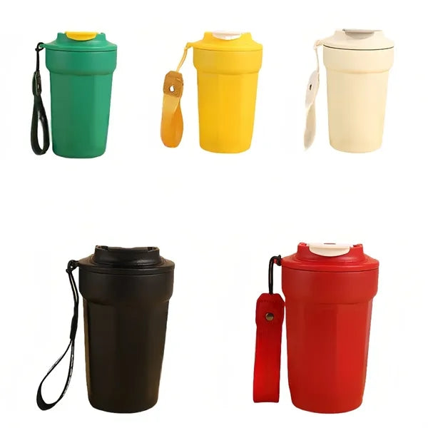 Insulated Travel Coffee Mug With Carrying Handle Strap