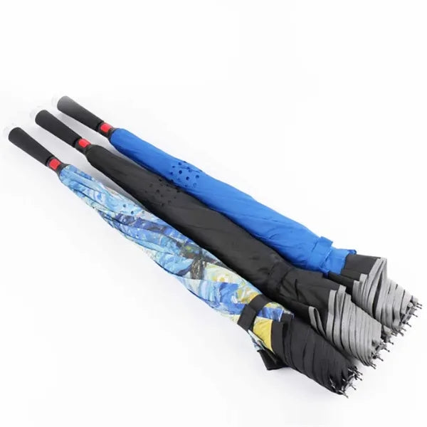 LED Handle Inverted Umbrella with Windproof Double Canopy