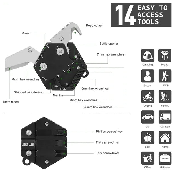 Foldable 14 In 1 EDC Coin Pocket Multitool Keychain