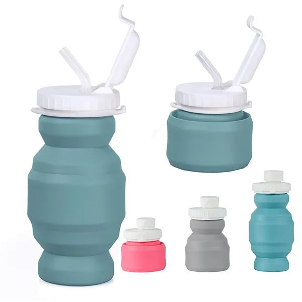 Foldable Outdoor Travel Silicone Water Bottle With Straws